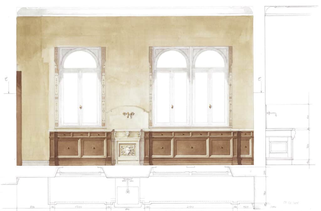 gemalte Zeichnung vom Entwurf zur Gestaltung des Küchenraumes