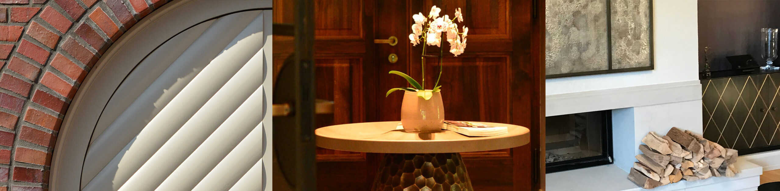 3er Collage Portal, Orchidee auf Tisch und Holz am Kamin